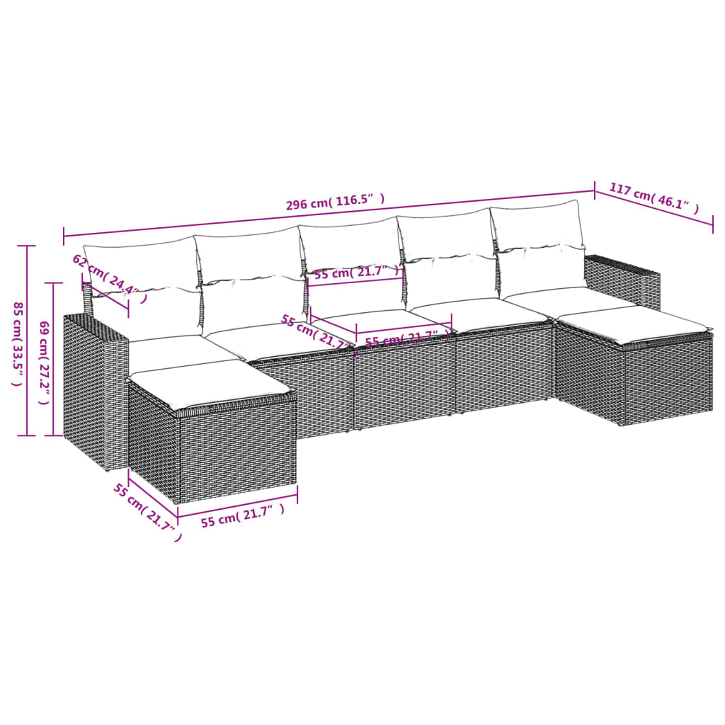 7 Pcs conjunto de sofás p/ jardim com almofadões vime PE bege