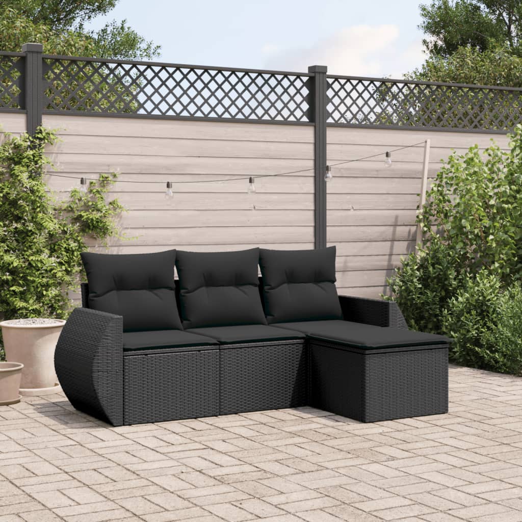 4 Pcs conjunto de sofás para jardim c/ almofadões vime PE preto