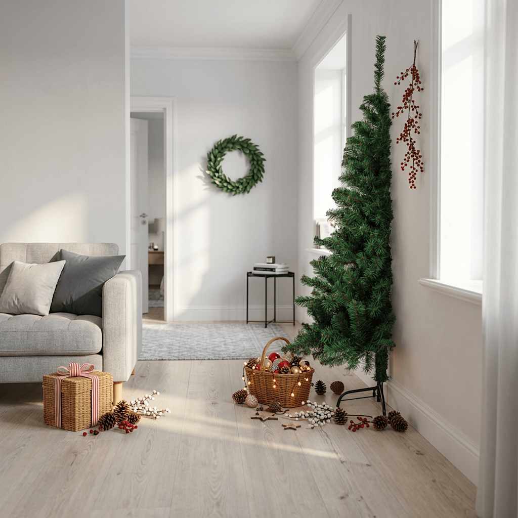 Meia árvore de natal artificial com suporte 180 cm PVC verde