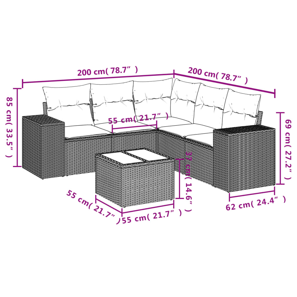 6 Pcs conjunto sofás de jardim c/ almofadões vime PE preto