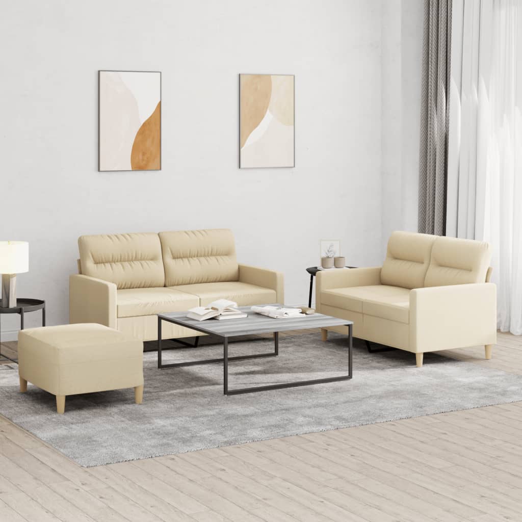 3 Pcs conjunto de sofás com almofadões tecido cor creme