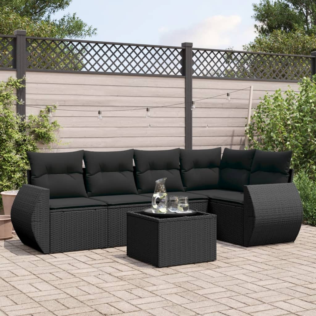 6 Pcs conjunto sofás de jardim c/ almofadões vime PE preto