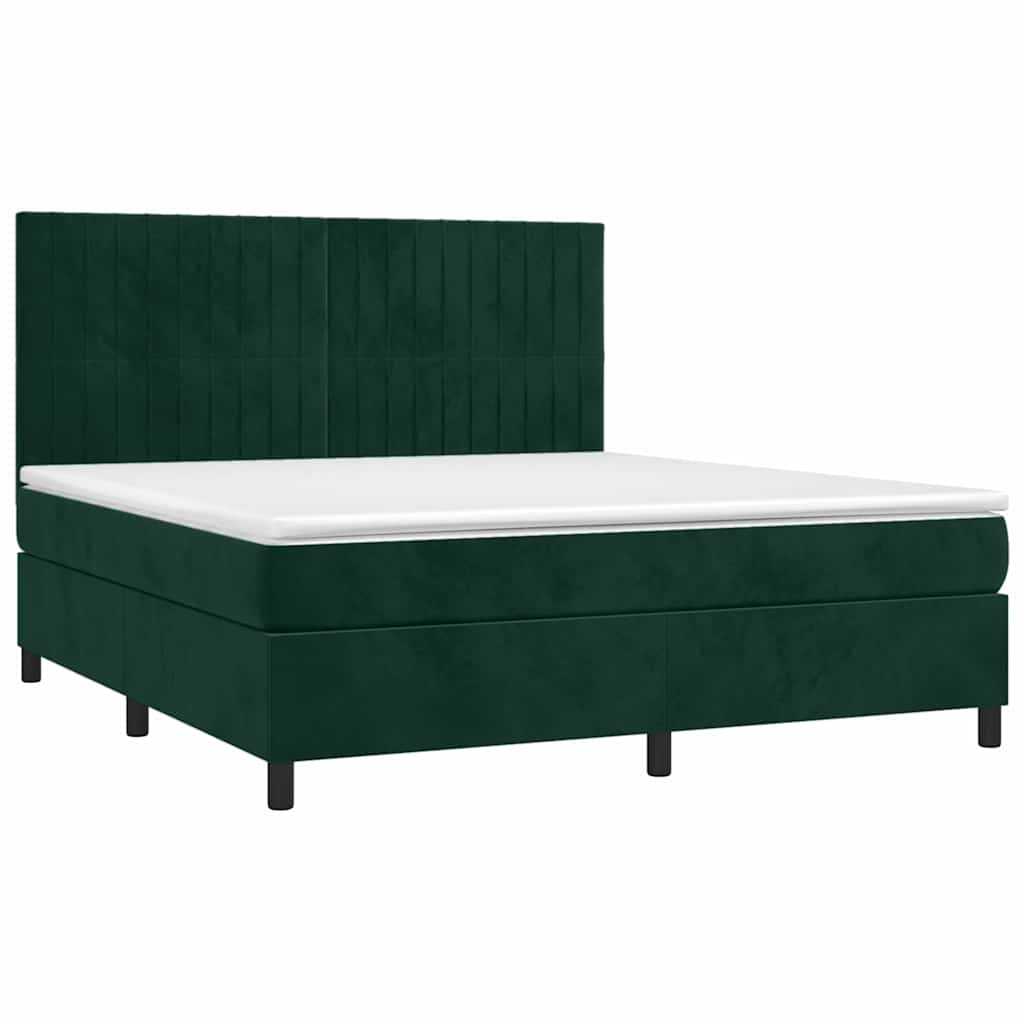 Cama box spring c/ colchão/LED 160x200 cm veludo verde-escuro