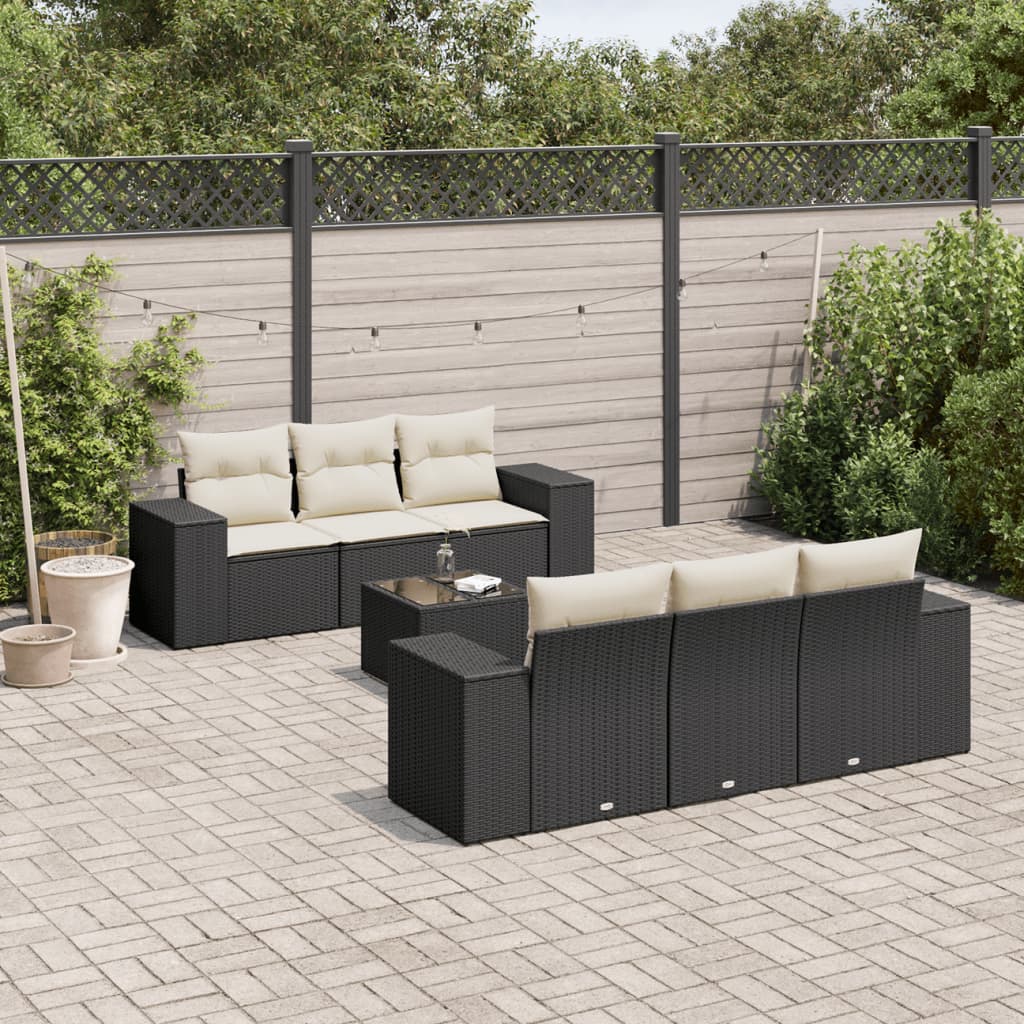 7 Pcs conjunto de sofás p/ jardim c/ almofadões vime PE preto