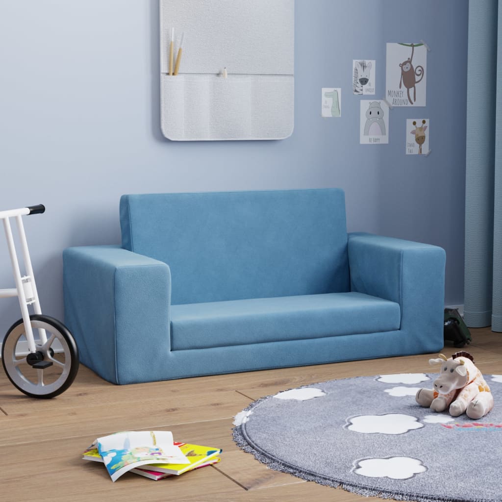 Sofá-cama infantil de 2 lugares pelúcia macia azul