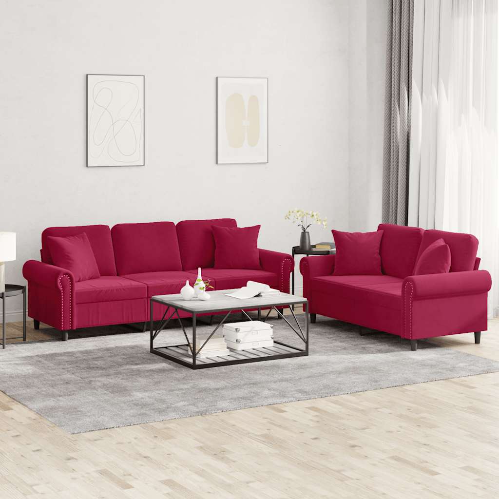 2 Pcs conjunto de sofás com almofadas veludo vermelho-tinto