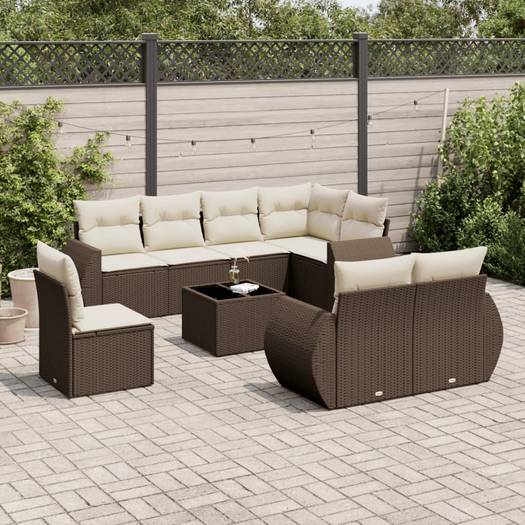 9 Pcs conjunto sofás p/ jardim c/ almofadões vime PE castanho