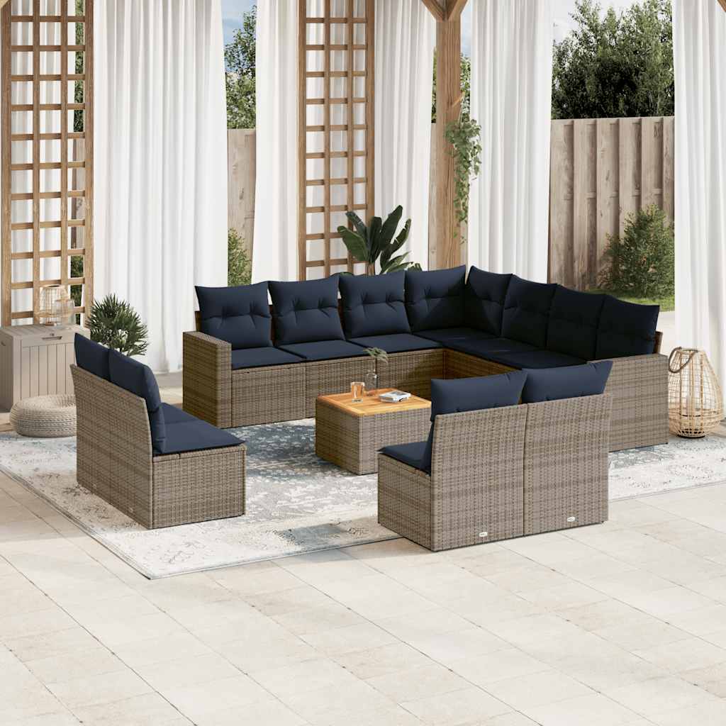 12 Pcs conjunto sofás p/ jardim c/ almofadões vime PE cinzento