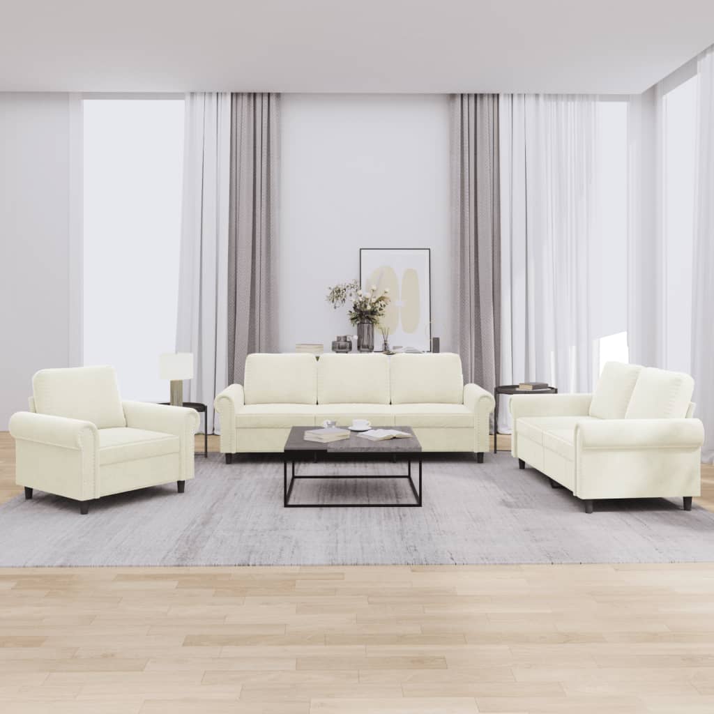3 Pcs conjunto de sofás com almofadões veludo cor creme