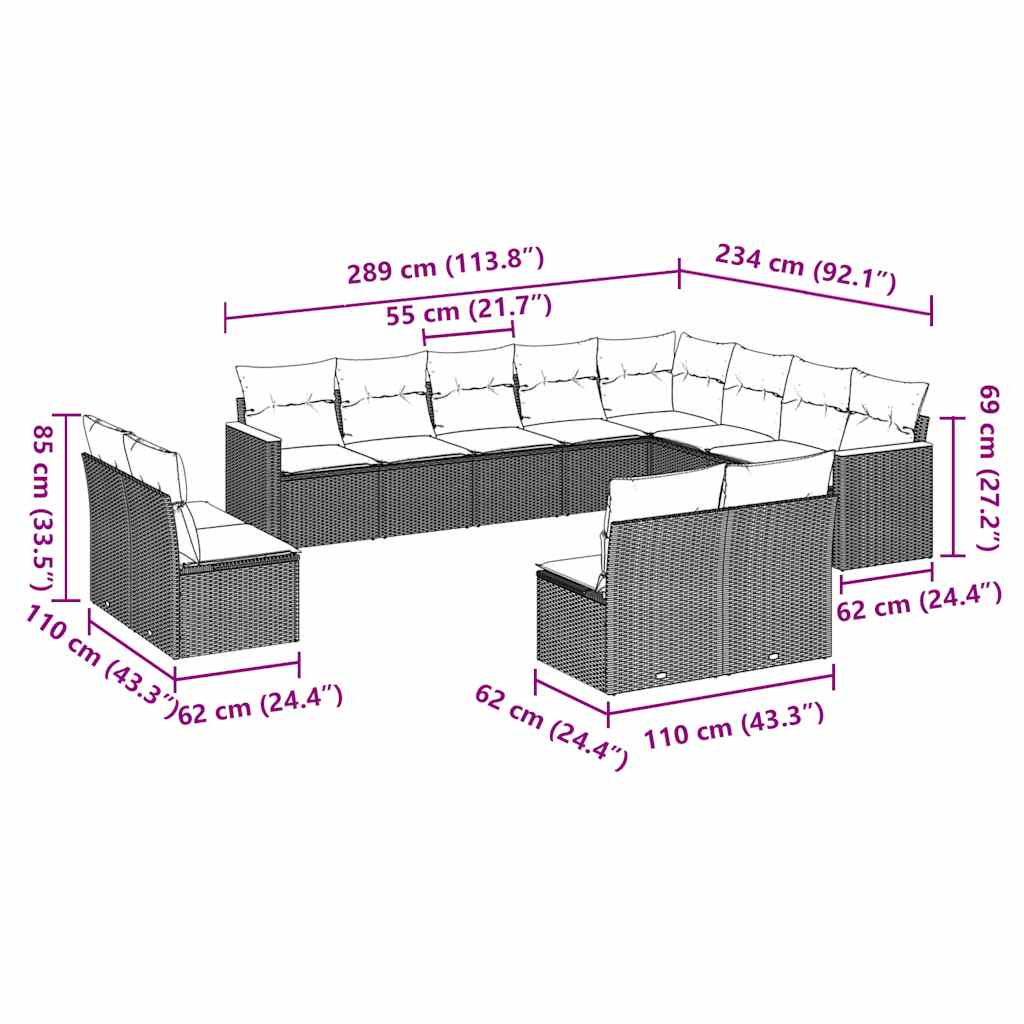 12 Pcs conjunto de sofás de jardim c/ almofadões vime PE preto
