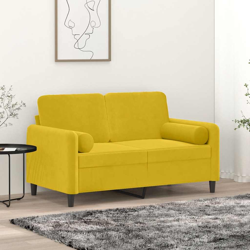 Sofá 2 lugares c/ almofadas decorativas 120 cm veludo amarelo