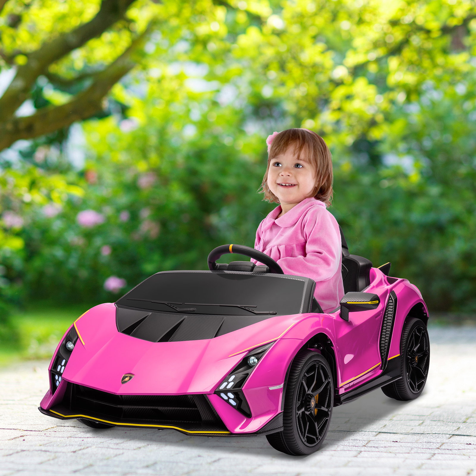 Carro elétrico para crianças lamborghini 12v controlo remoto faróis buzina arranque lento e música mp3 114,5x64x45,5 cm rosa