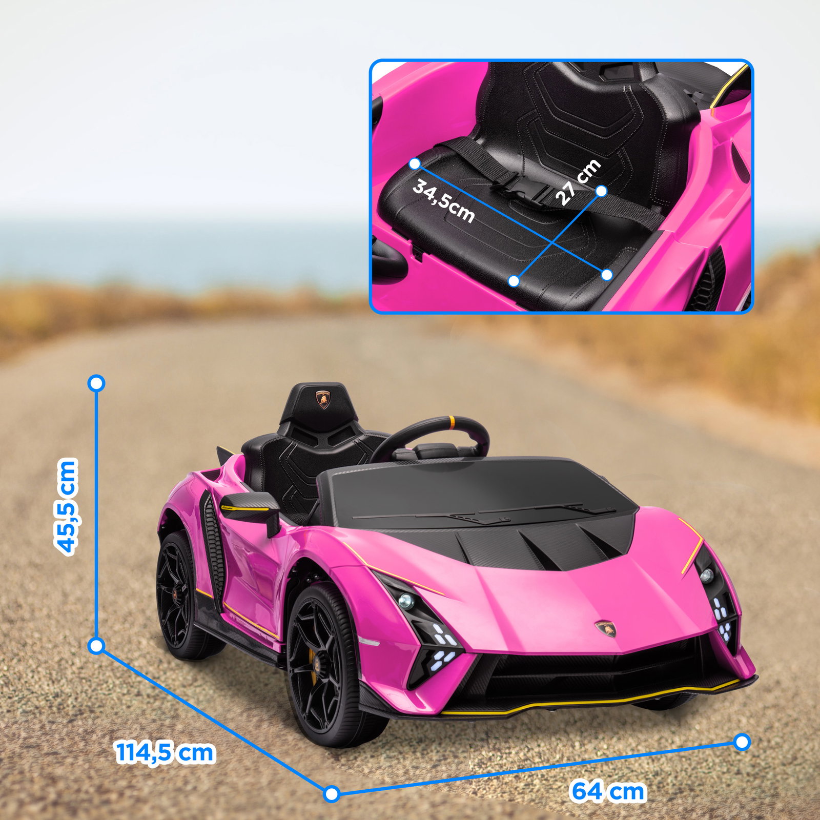 Carro elétrico para crianças lamborghini 12v controlo remoto faróis buzina arranque lento e música mp3 114,5x64x45,5 cm rosa