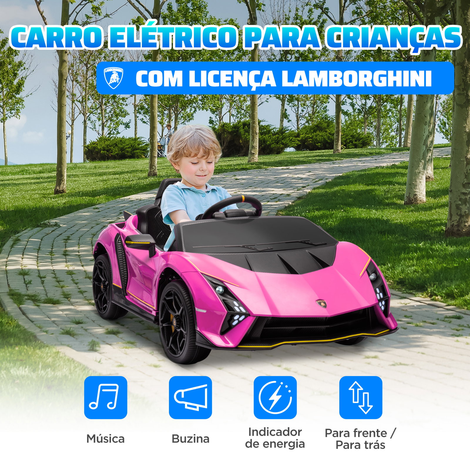 Carro elétrico para crianças lamborghini 12v controlo remoto faróis buzina arranque lento e música mp3 114,5x64x45,5 cm rosa