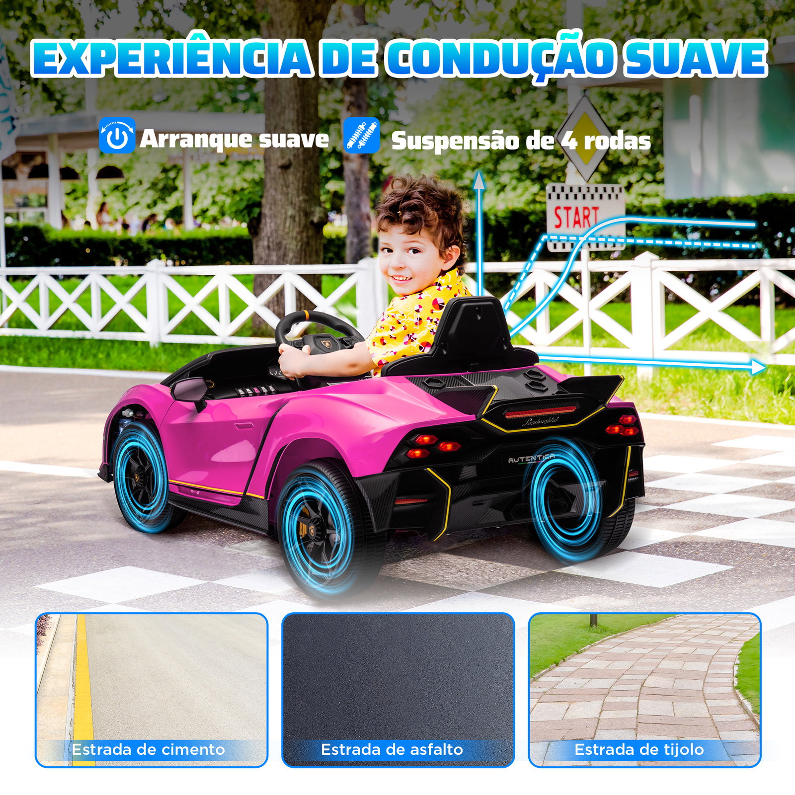 Carro elétrico para crianças lamborghini 12v controlo remoto faróis buzina arranque lento e música mp3 114,5x64x45,5 cm rosa