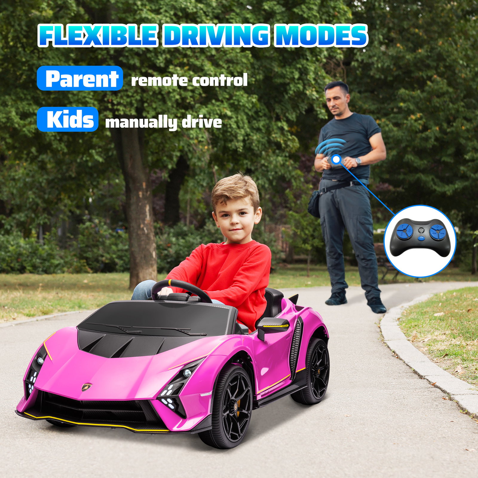 Carro elétrico para crianças lamborghini 12v controlo remoto faróis buzina arranque lento e música mp3 114,5x64x45,5 cm rosa