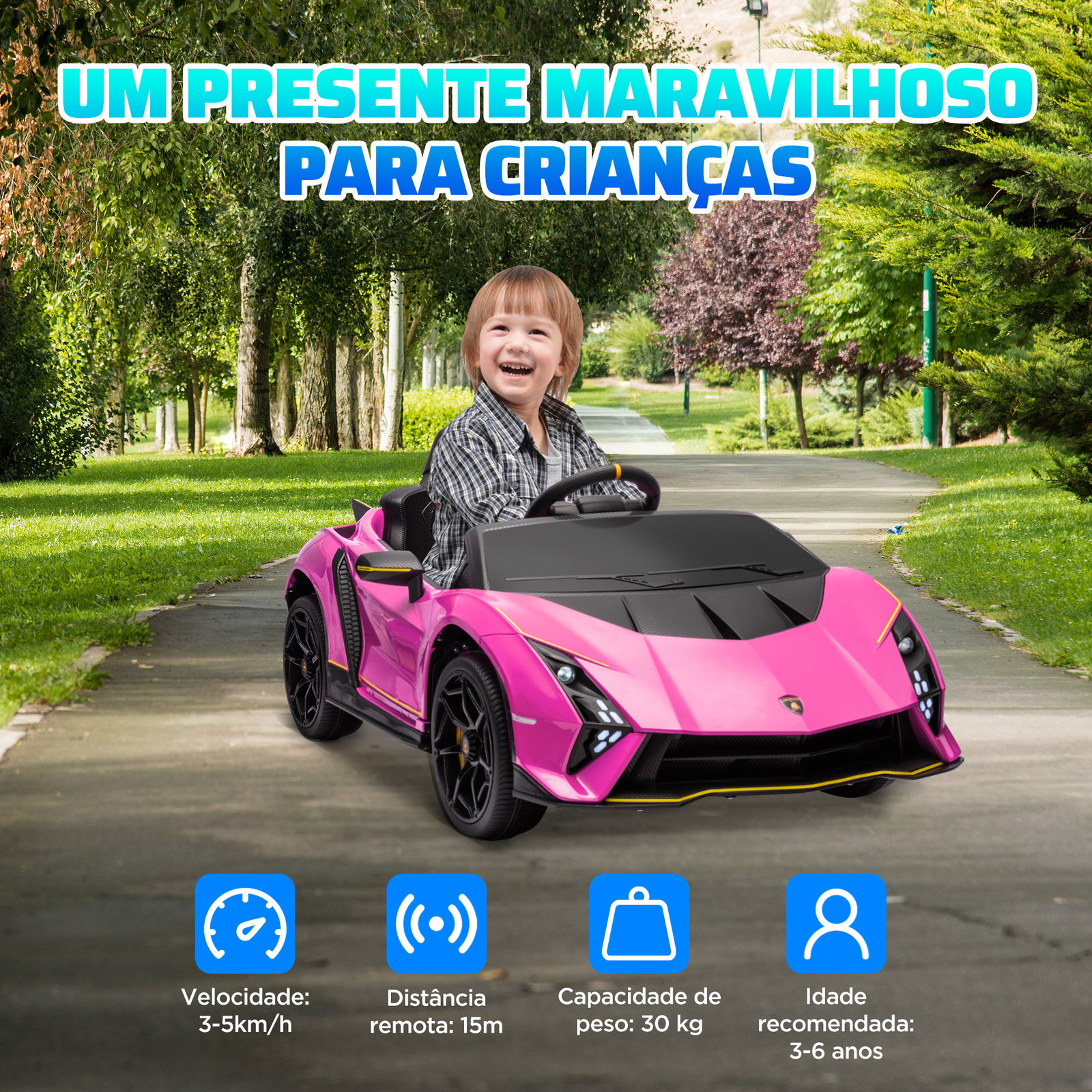 Carro elétrico para crianças lamborghini 12v controlo remoto faróis buzina arranque lento e música mp3 114,5x64x45,5 cm rosa