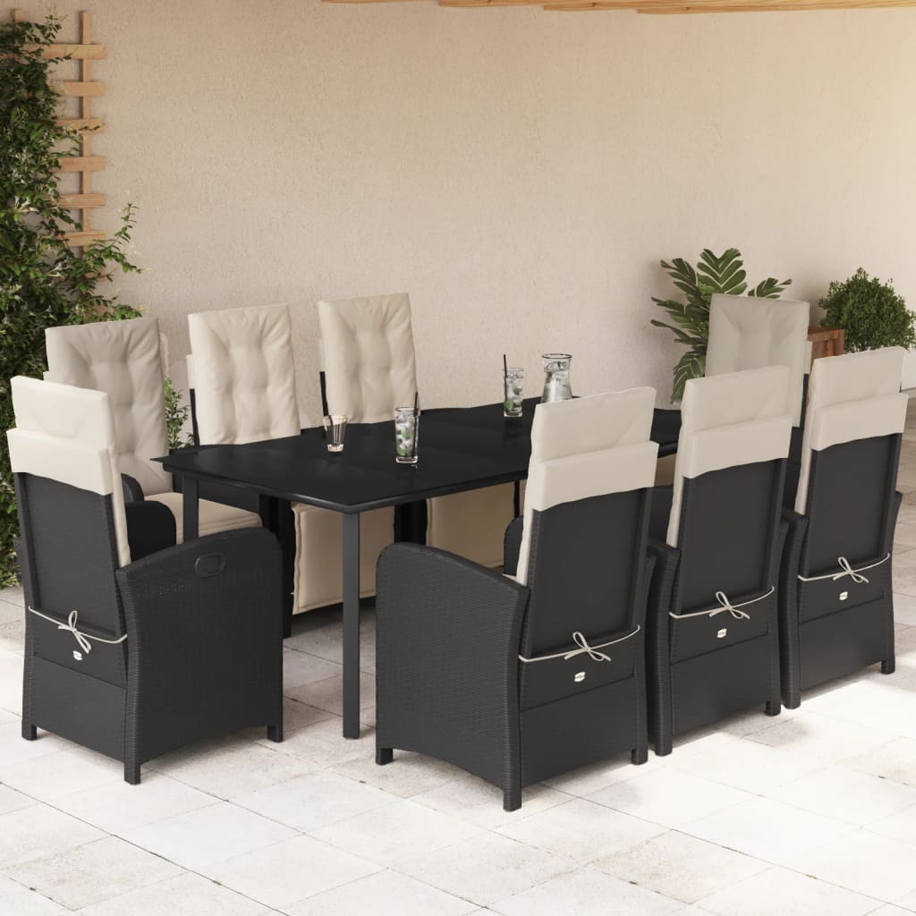 9 Pcs conjunto de jantar p/ jardim c/ almofadões vime PE preto