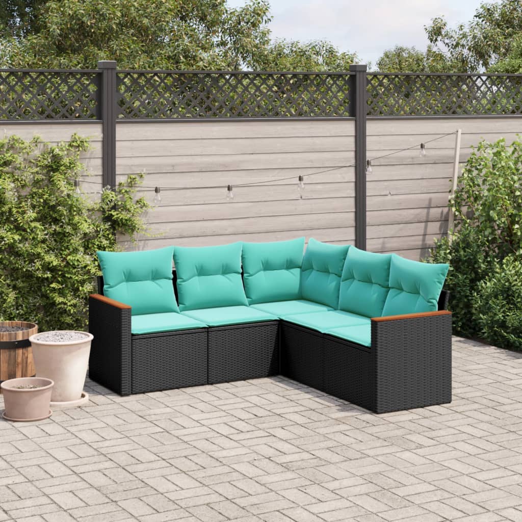Conjunto de sofá de jardim de 5 peças com almofadas em rattan sintético preto