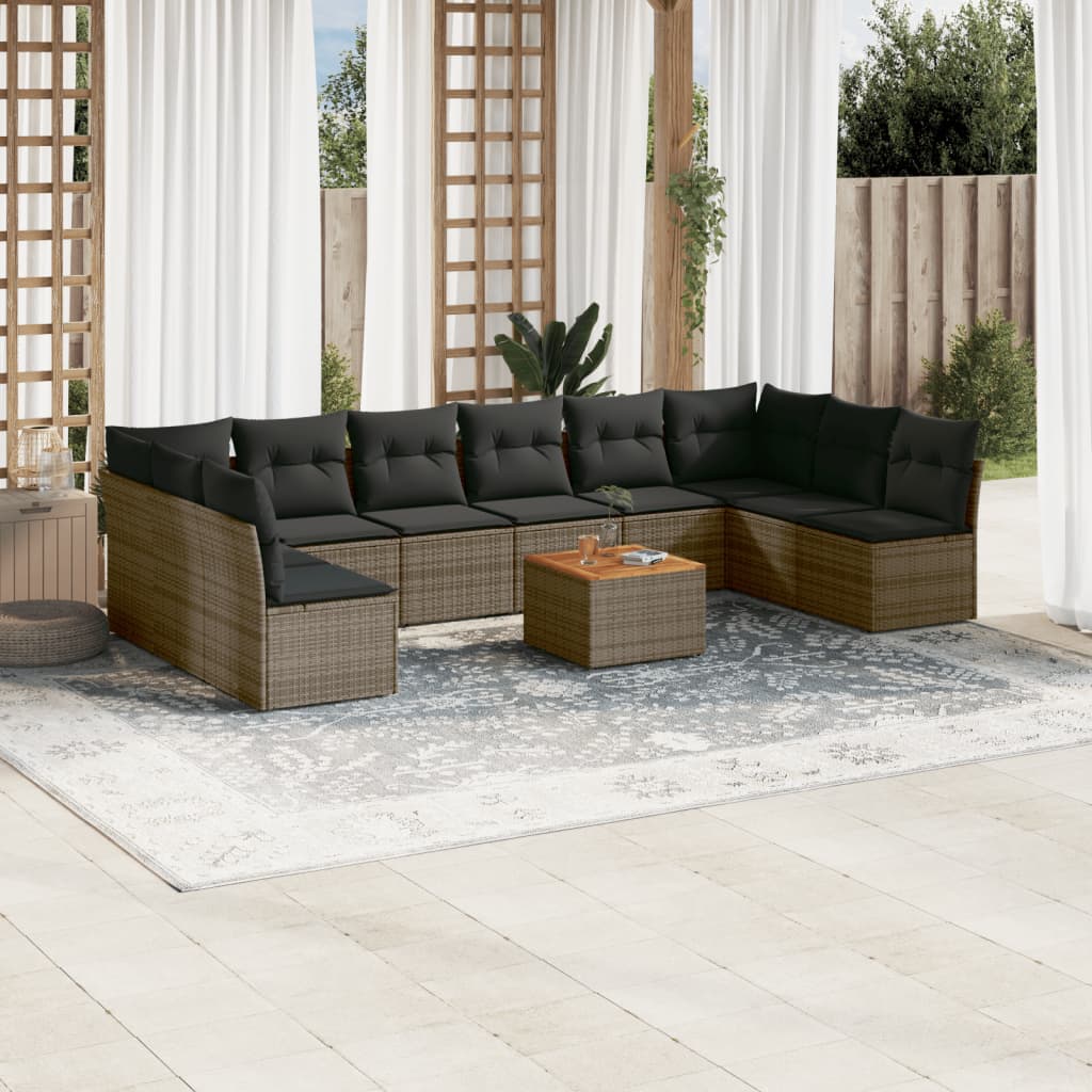 11 Pcs conjunto sofás de jardim c/ almofadões vime PE cinzento