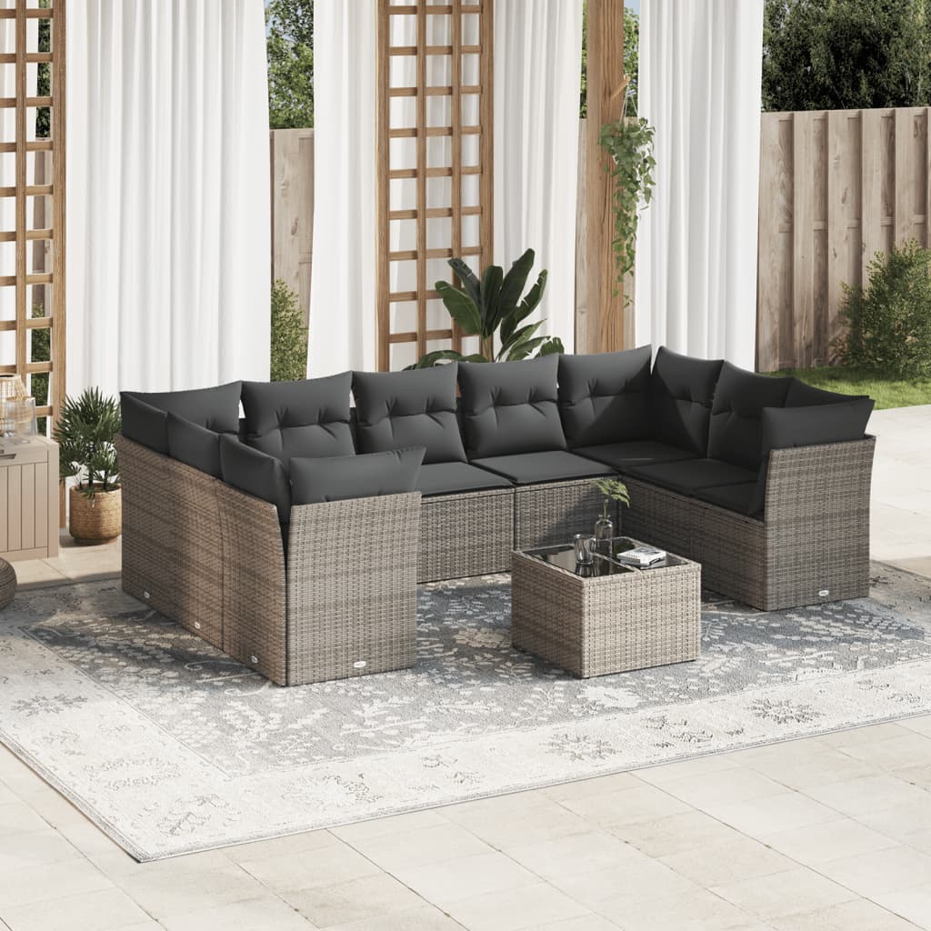 10 Pcs conjunto sofás de jardim c/ almofadões vime PE cinzento