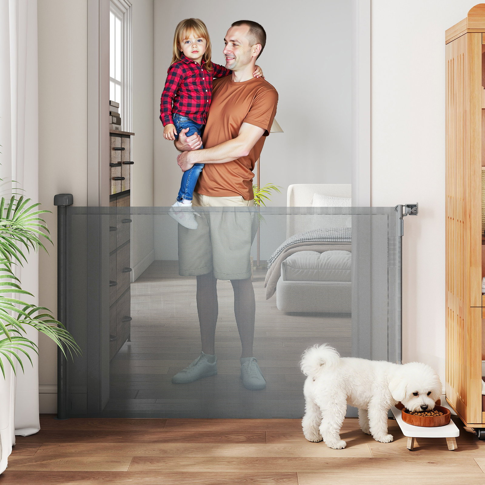 Barreira de segurança retrátil para cães extensível até 140 cm de largura para escadas e portas cinzento