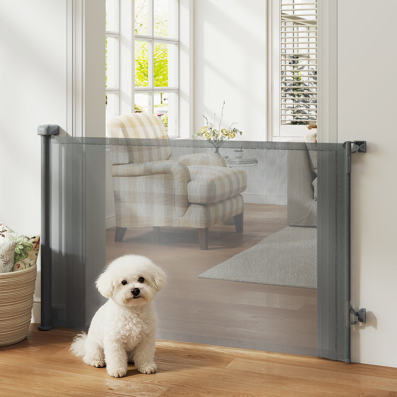 Barreira de segurança retrátil para cães extensível até 140 cm de largura para escadas e portas cinzento