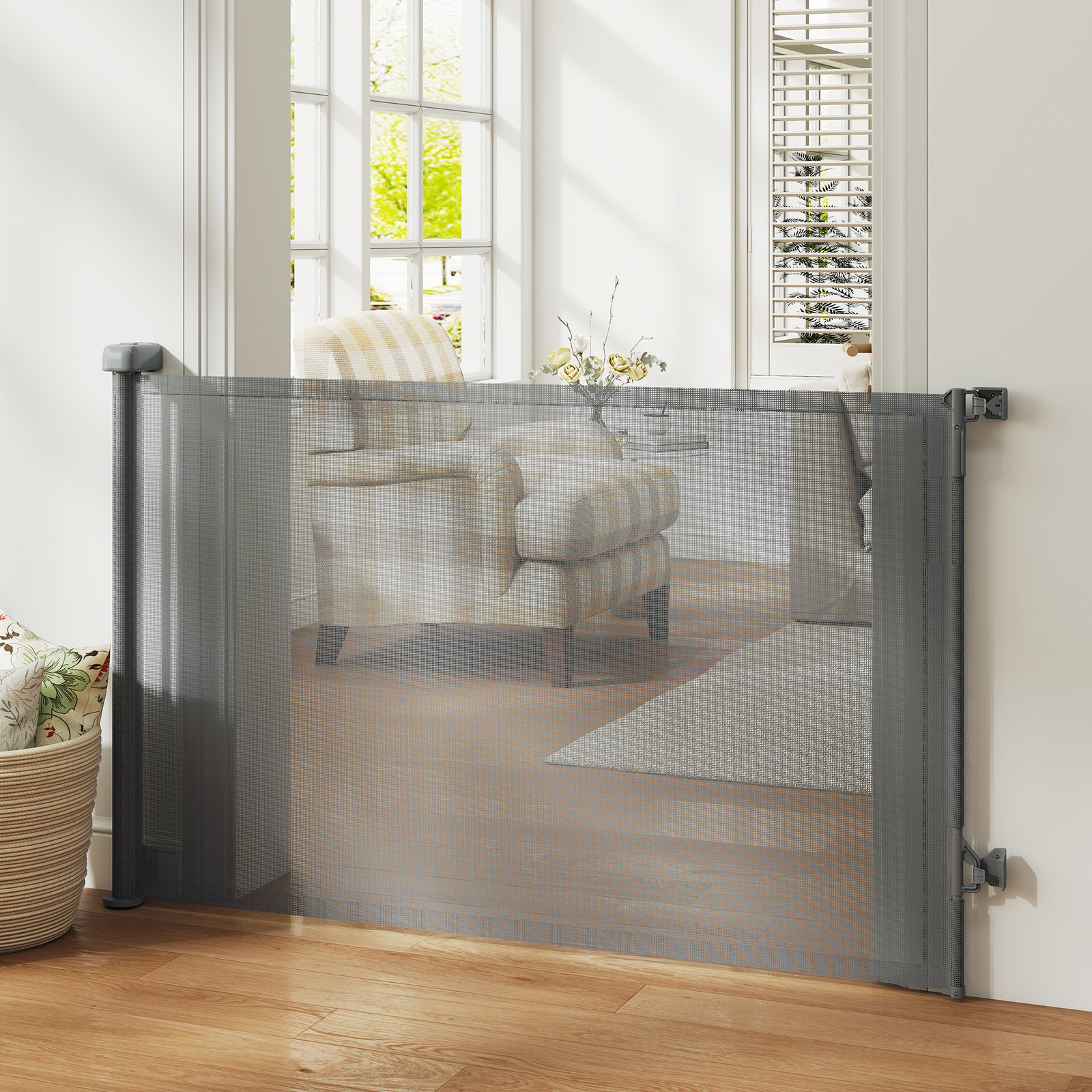 Barreira de segurança retrátil para cães extensível até 140 cm de largura para escadas e portas cinzento