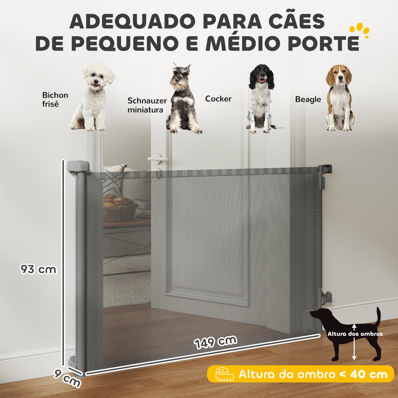 Barreira de segurança retrátil para cães extensível até 140 cm de largura para escadas e portas cinzento