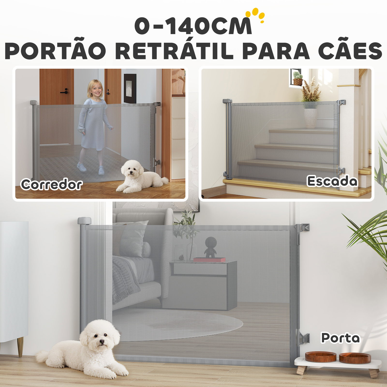Barreira de segurança retrátil para cães extensível até 140 cm de largura para escadas e portas cinzento