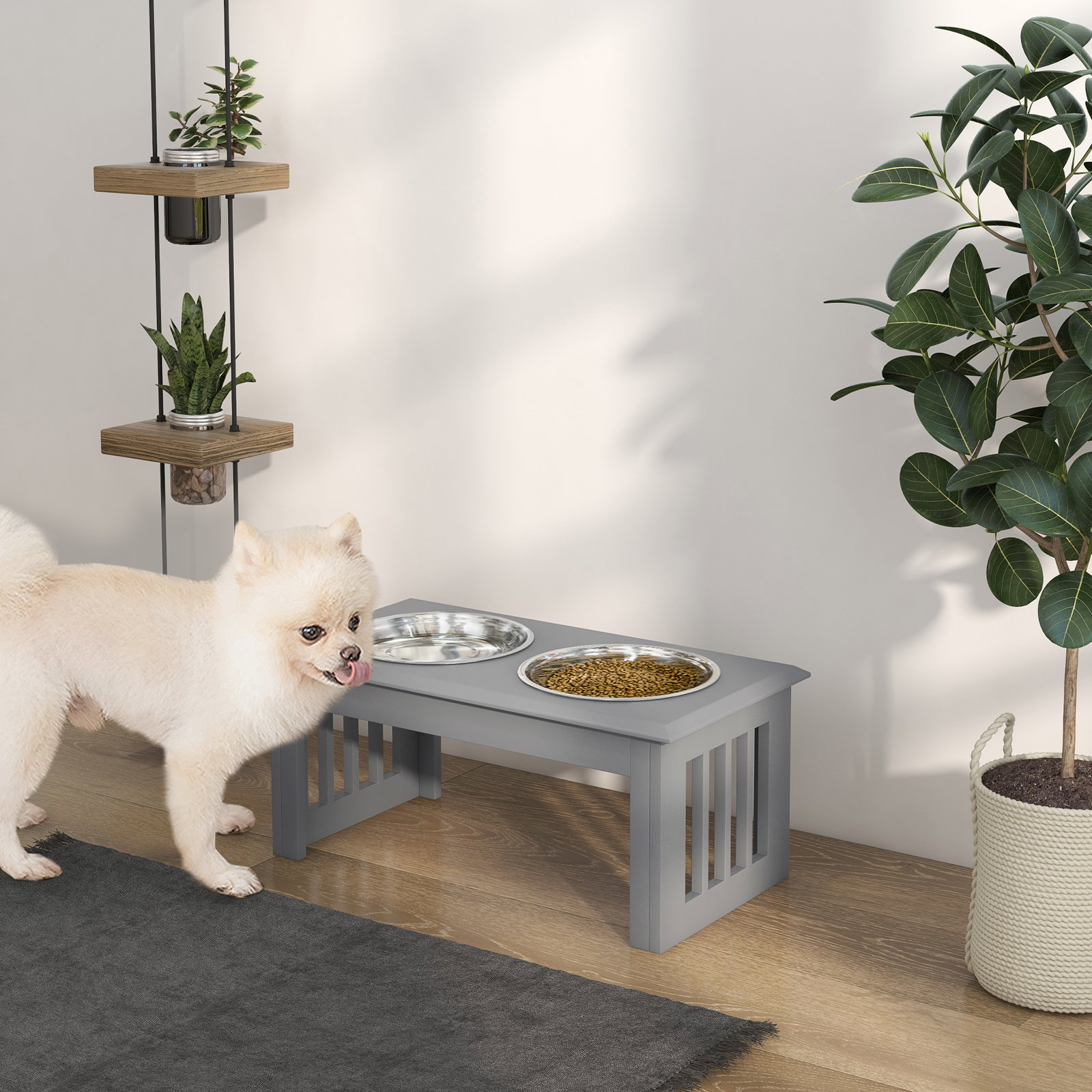 Comedouro elevado para cães com 2 tigelas removíveis em aço inoxidável, 58,4x30,5x25,4 cm, cinzento