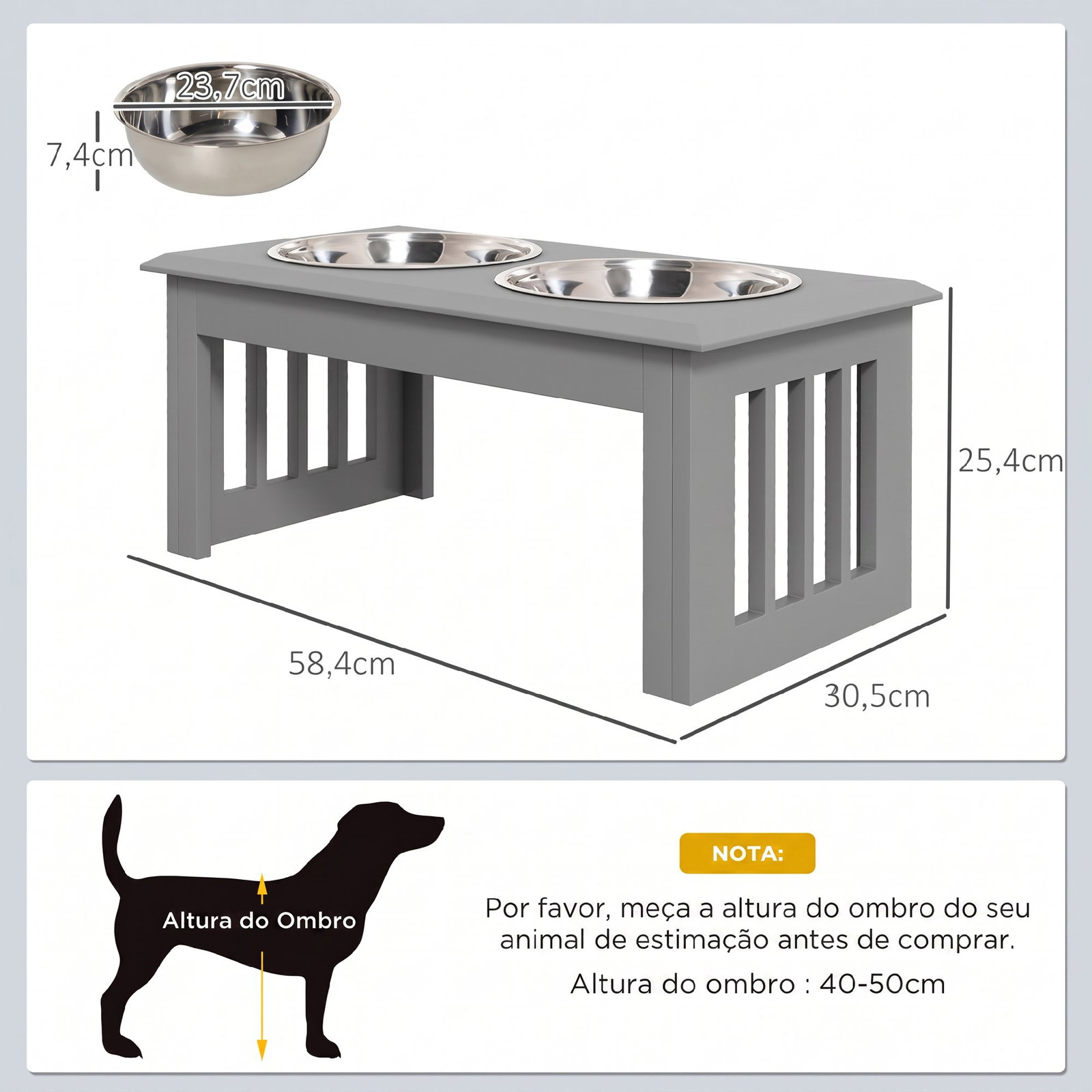 Comedouro elevado para cães com 2 tigelas removíveis em aço inoxidável, 58,4x30,5x25,4 cm, cinzento