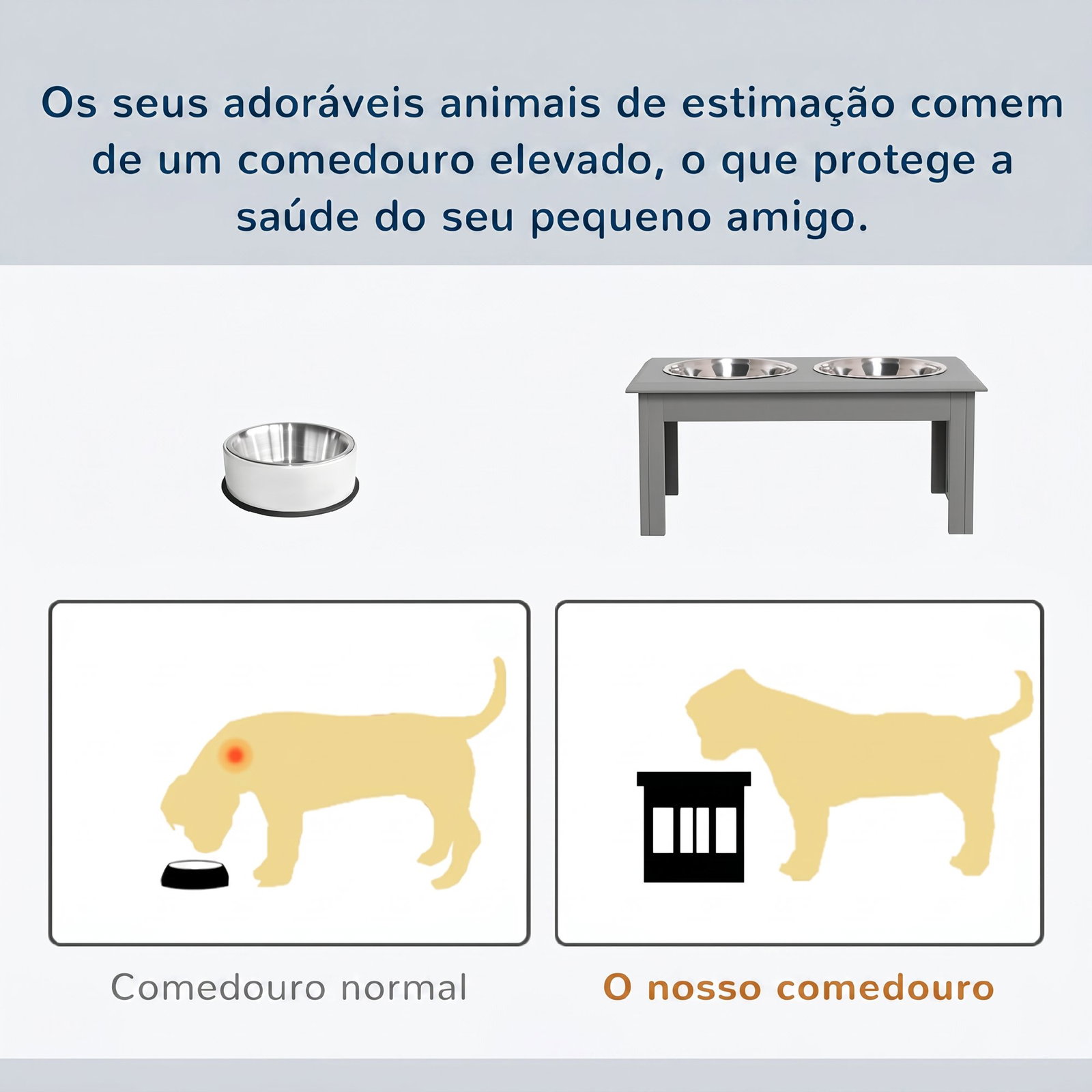 Comedouro elevado para cães com 2 tigelas removíveis em aço inoxidável, 58,4x30,5x25,4 cm, cinzento