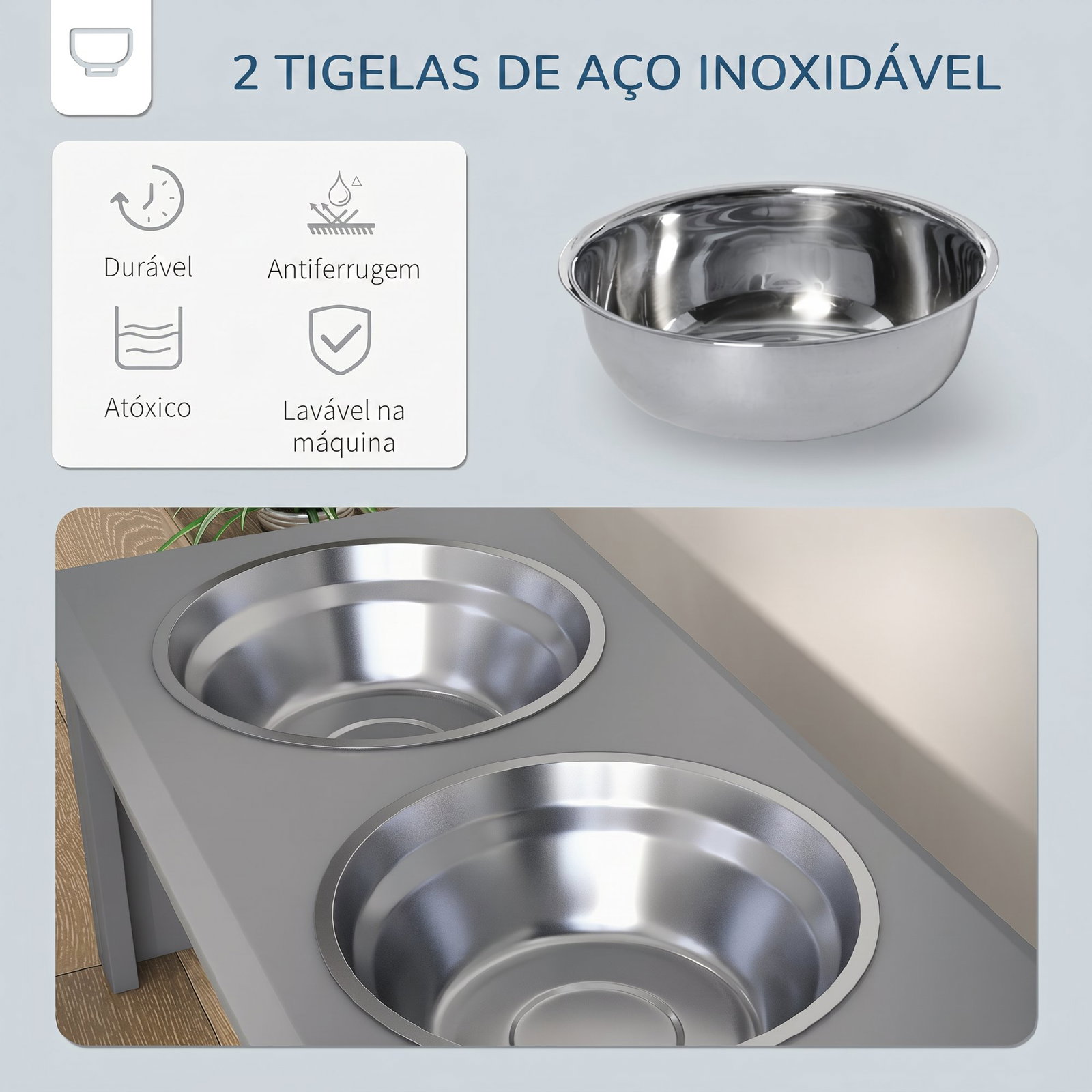 Comedouro elevado para cães com 2 tigelas removíveis em aço inoxidável, 58,4x30,5x25,4 cm, cinzento