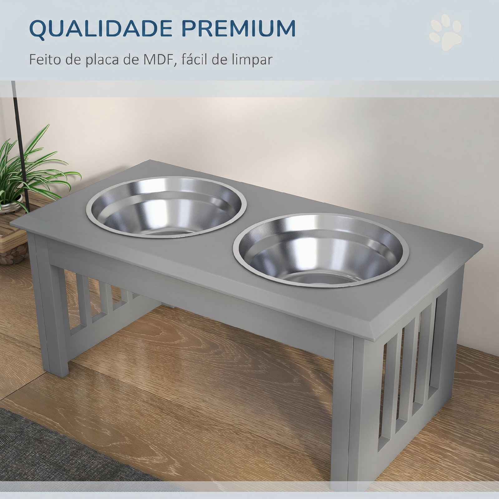 Comedouro elevado para cães com 2 tigelas removíveis em aço inoxidável, 58,4x30,5x25,4 cm, cinzento