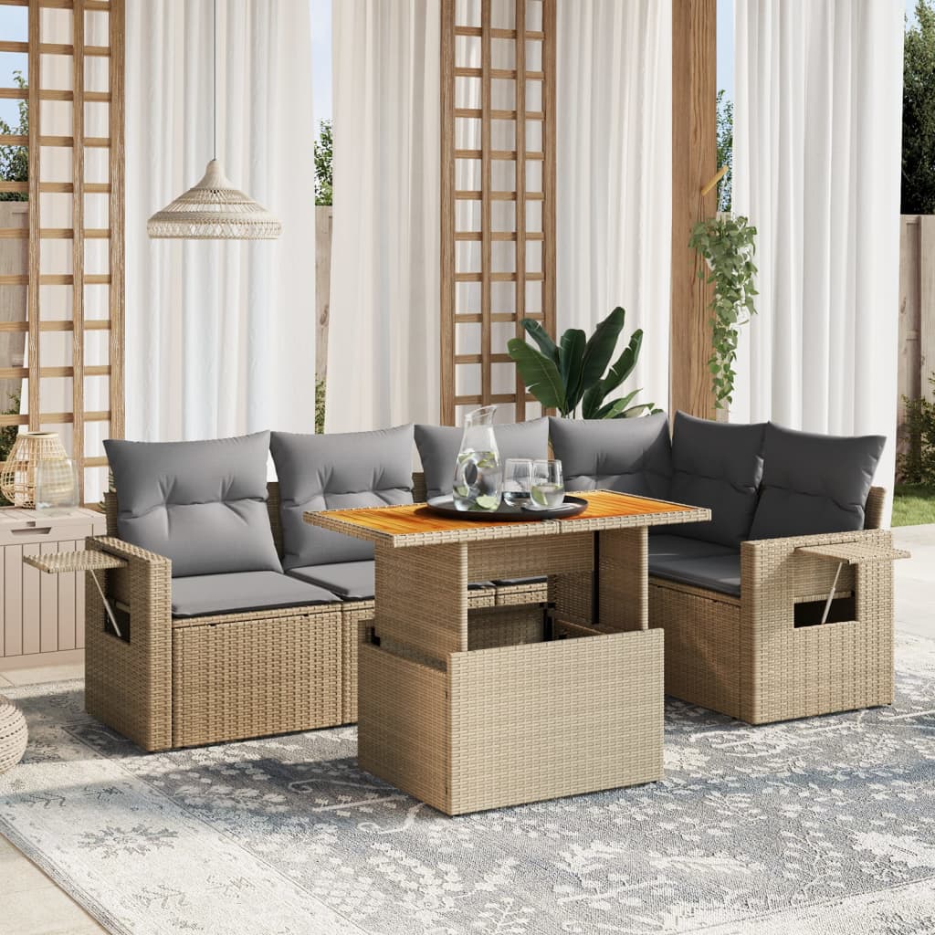 6 Pcs conjunto de sofás p/ jardim com almofadões vime PE bege