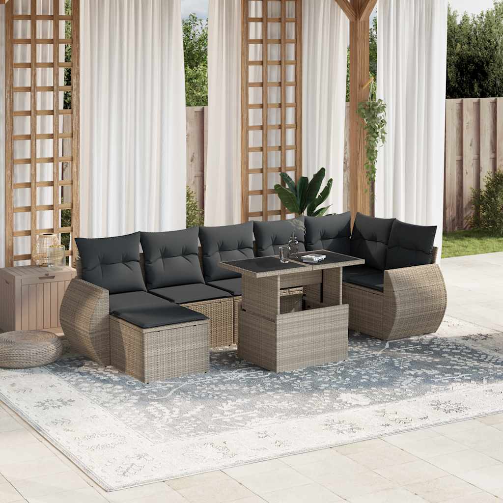 8 Pcs conj. sofás jardim c/ almofadões vime PE cinzento-claro