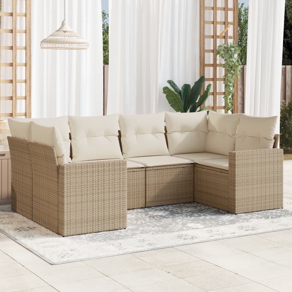 6 Pcs conjunto de sofás p/ jardim com almofadões vime PE bege