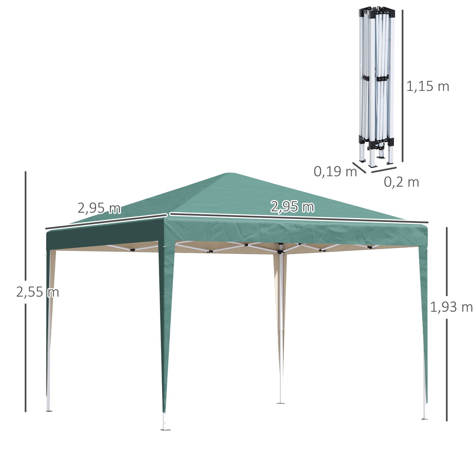 Tenda dobrável 295x295x255 cm com bolsa de transporte altura ajustável anti-UV para terraço pátio verde