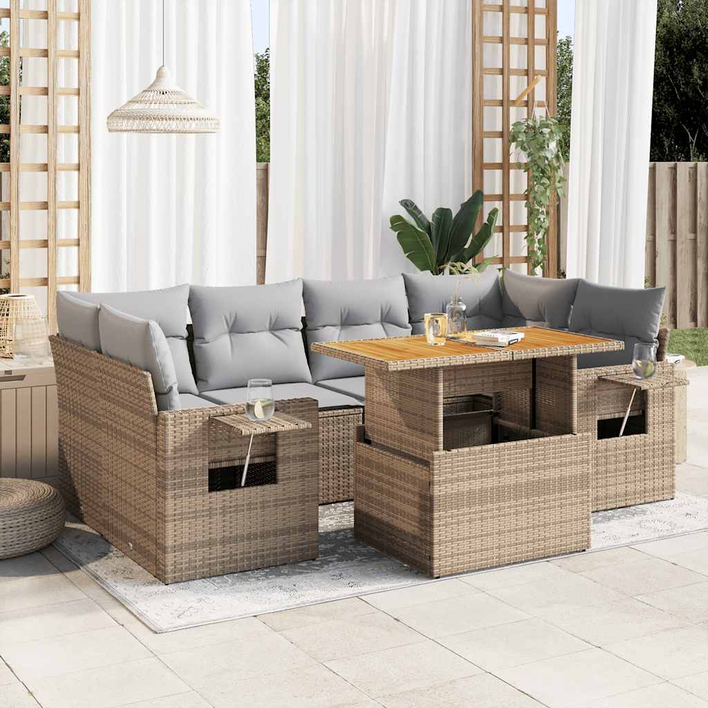 7 Pcs conjunto de sofás p/ jardim com almofadões vime PE bege