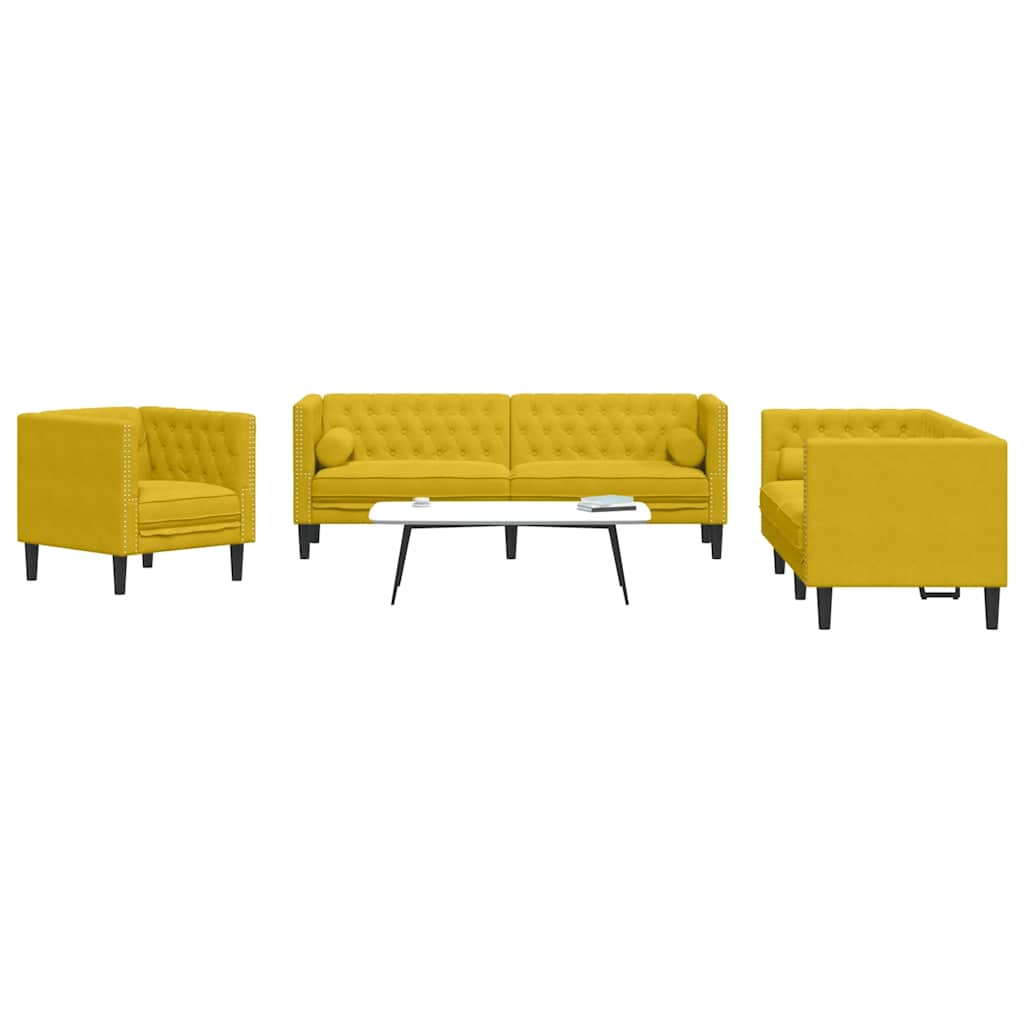 3 Pcs conjunto de sofás chesterfield com rolos veludo amarelo