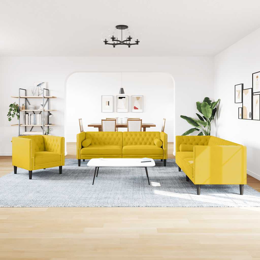 3 Pcs conjunto de sofás chesterfield com rolos veludo amarelo