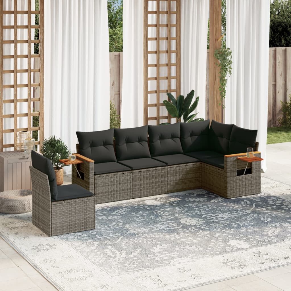 6 Pcs conjunto sofás de jardim com almofadões vime cinzento