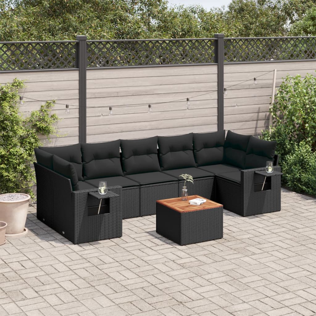 8 Pcs conjunto sofás de jardim com almofadões vime PE preto