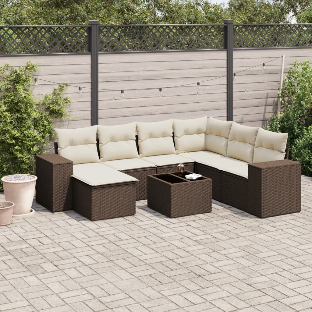 8 Pcs conjunto sofás de jardim c/ almofadões vime PE castanho