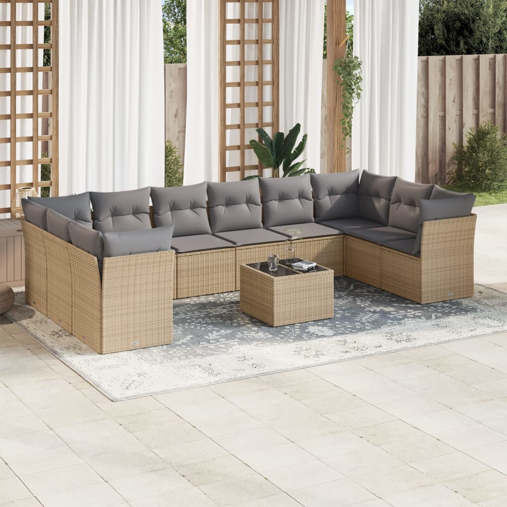 11 Pcs conjunto sofás de jardim c/ almofadões vime PE bege
