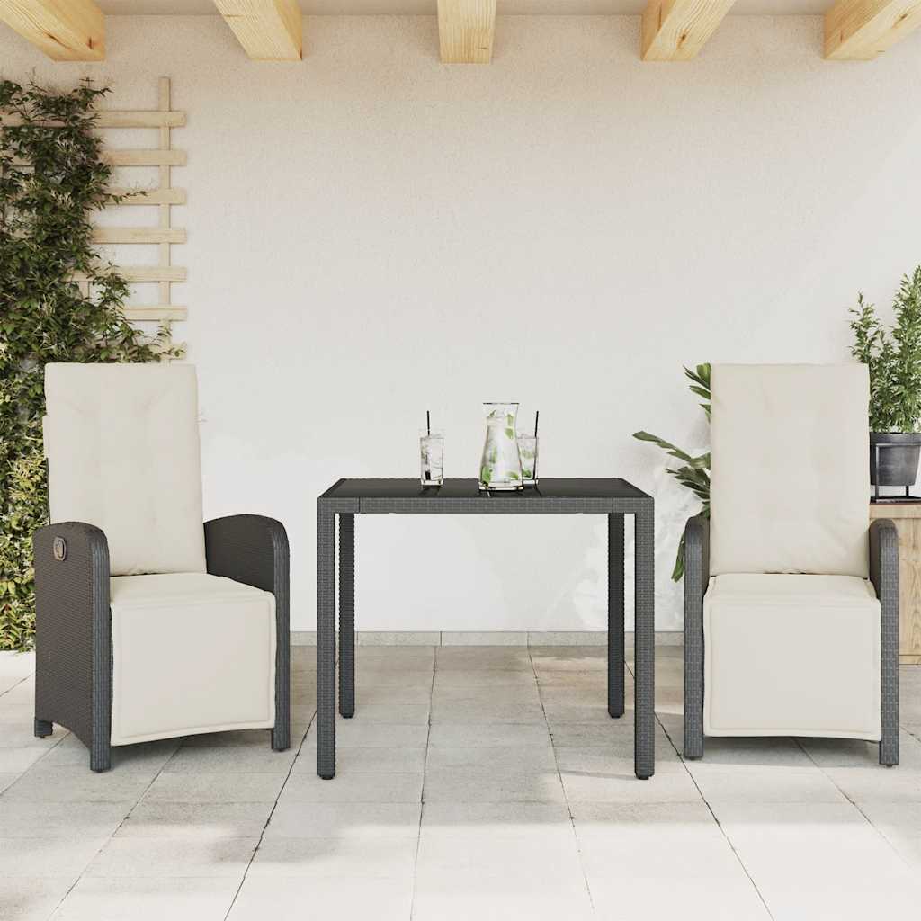 3 Pcs conjunto de bistrô com almofadões vime PE preto
