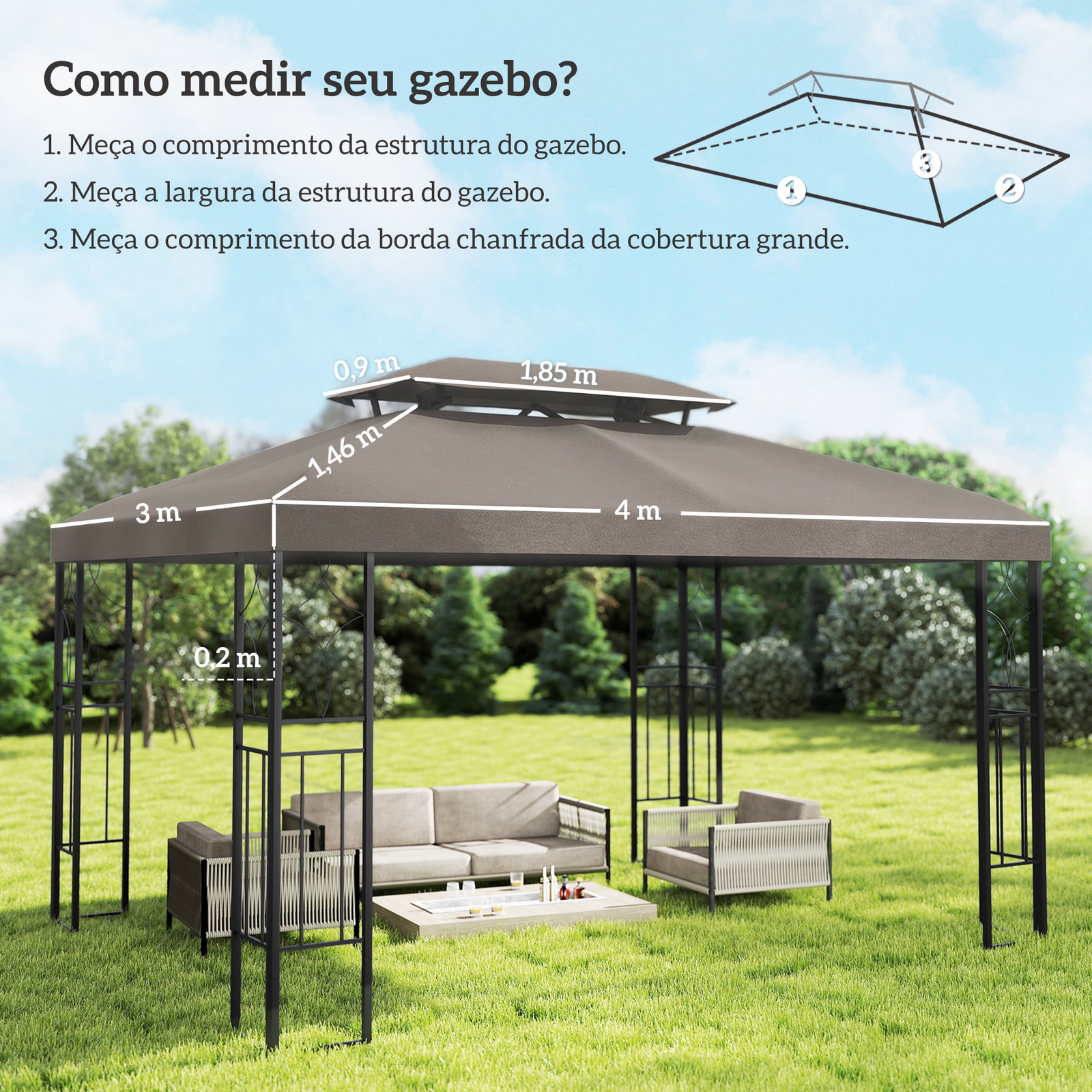 Teto de reposição 4x3 m com teto duplo orifícios de drenagem e proteção UV apenas teto não inclui estrutura castanho