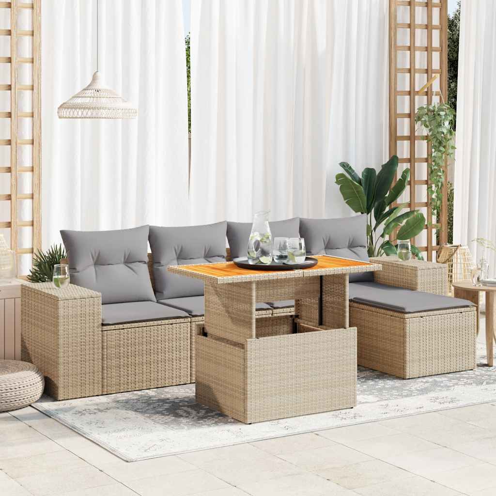 6 Pcs conjunto de sofás p/ jardim com almofadões vime PE bege