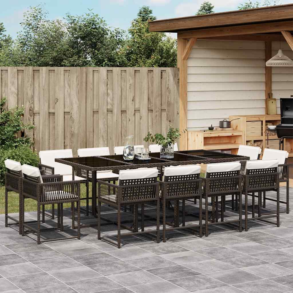 13 Pcs conjunto jantar p/ jardim c/ almofadões vime PE castanho